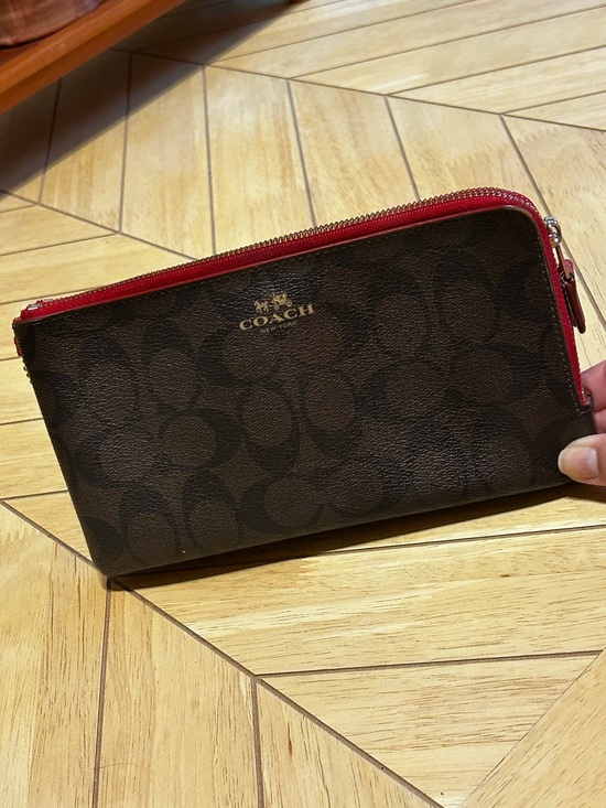 Coach Handbags - Coach Signature Brown Monogram Double Zip Wallet Red Trim